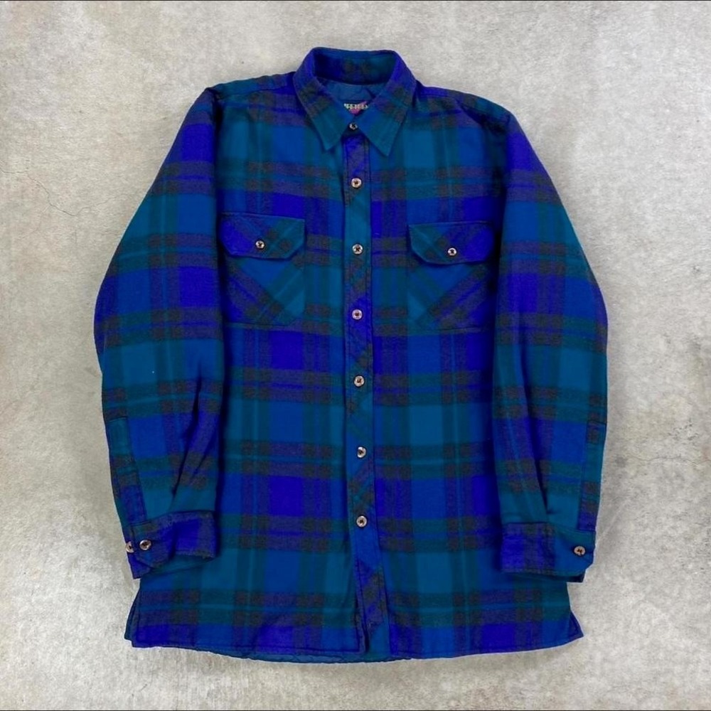 Vintage 90s Lifetrends Flannel Jacket Size Medium Blue Green Button Up